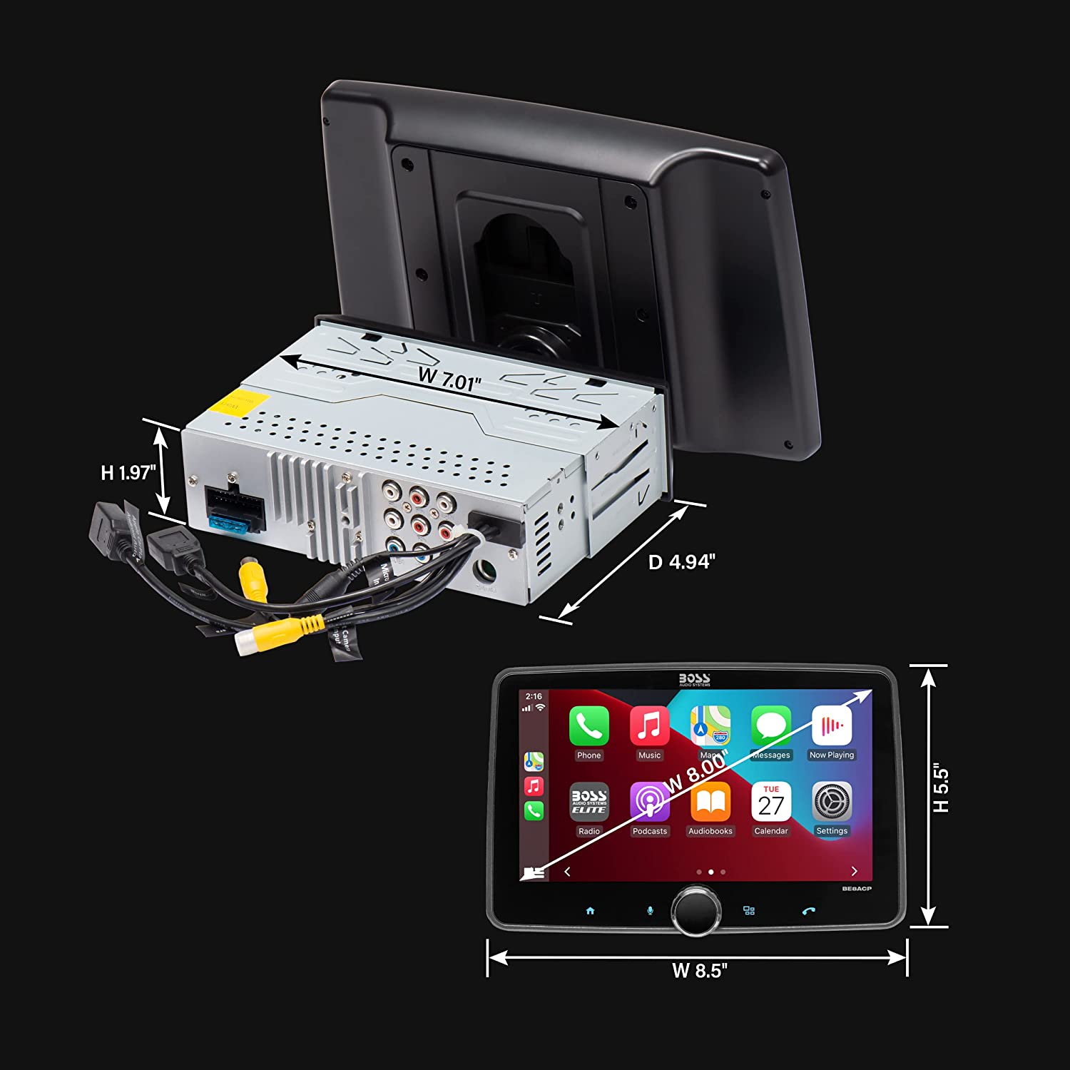 BOSS Audio Systems Elite BE8ACP-C 1-DIN 8" Car Stereo + Camera, Apple CarPlay/AA-Car Toys