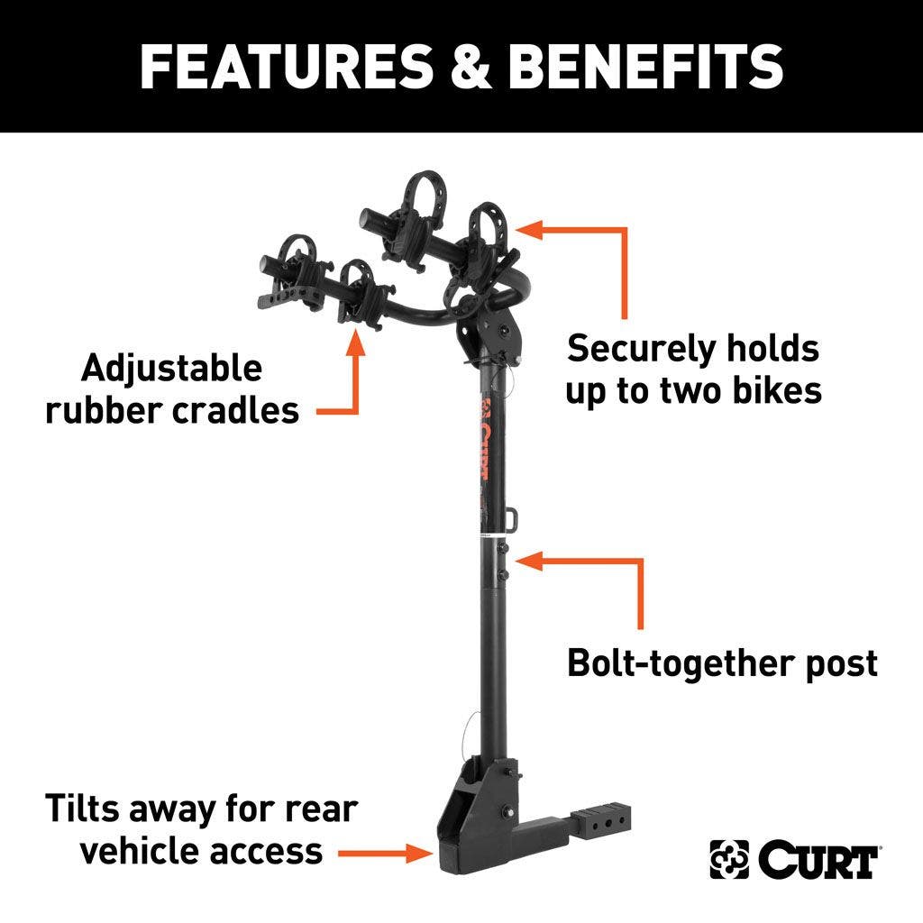 Curt 18029 Hitch-Mounted Bike Rack - Holds 2 Bikes with 1-1/4" Or 2" Shank-Car Toys