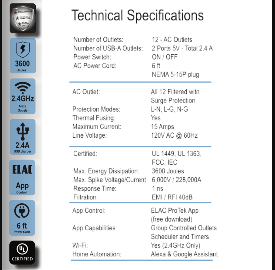 ELAC PB-12W Protek 12 Outlet Smart Surge Protector/Conditioner with Alexa & WiFi-Car Toys