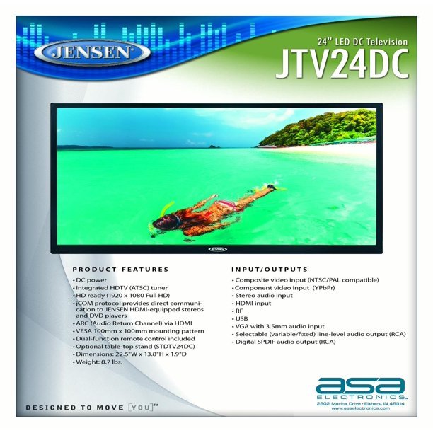 Jensen JTV24DC 1080p 24" Flat Screen TV with HDTV Tuner, 12 Volt Power for RVs-Car Toys